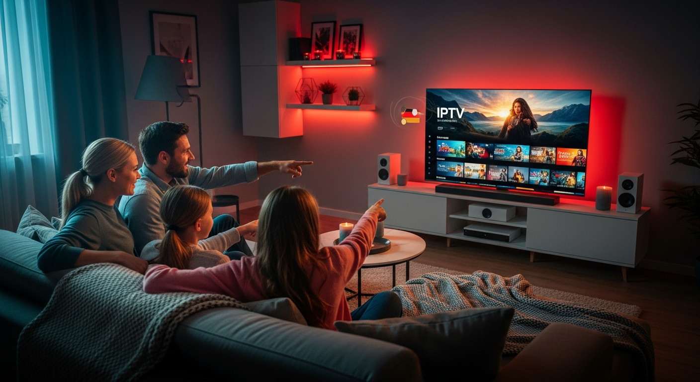 Bestes IPTV in Deutschland 2026 - Familie genießt Streaming auf Smart TV in 4K-Qualität